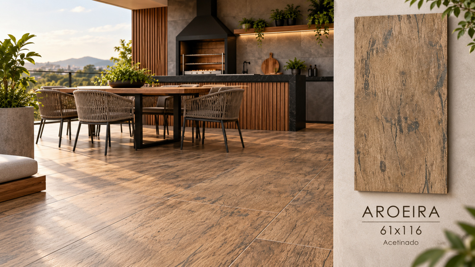 Ambiente Aroeira, revestimento 61 × 116, com amostra e especificações do produto