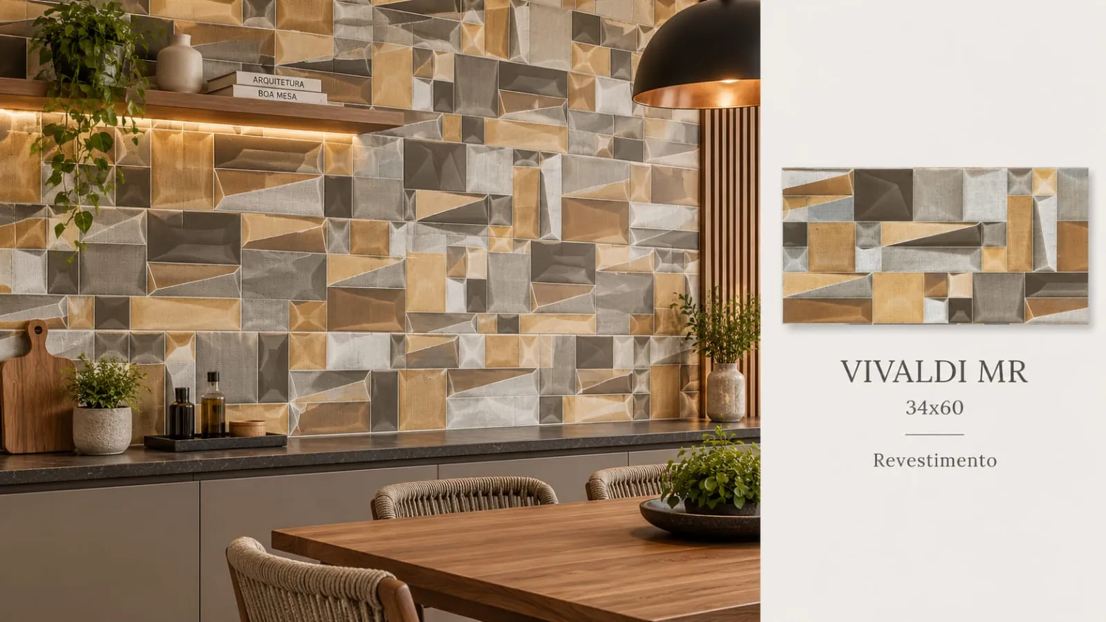 Ambiente Vivaldi MR, revestimento 34 × 60, com amostra e especificações do produto
