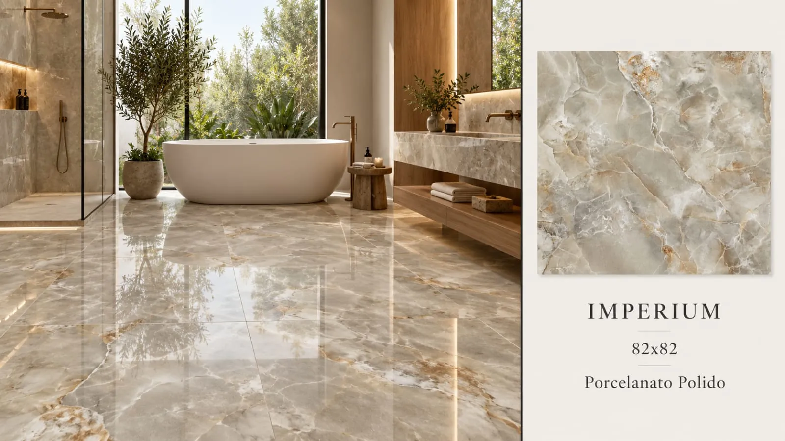 Ambiente Imperium, revestimento 82 × 82, com amostra e especificações do produto
