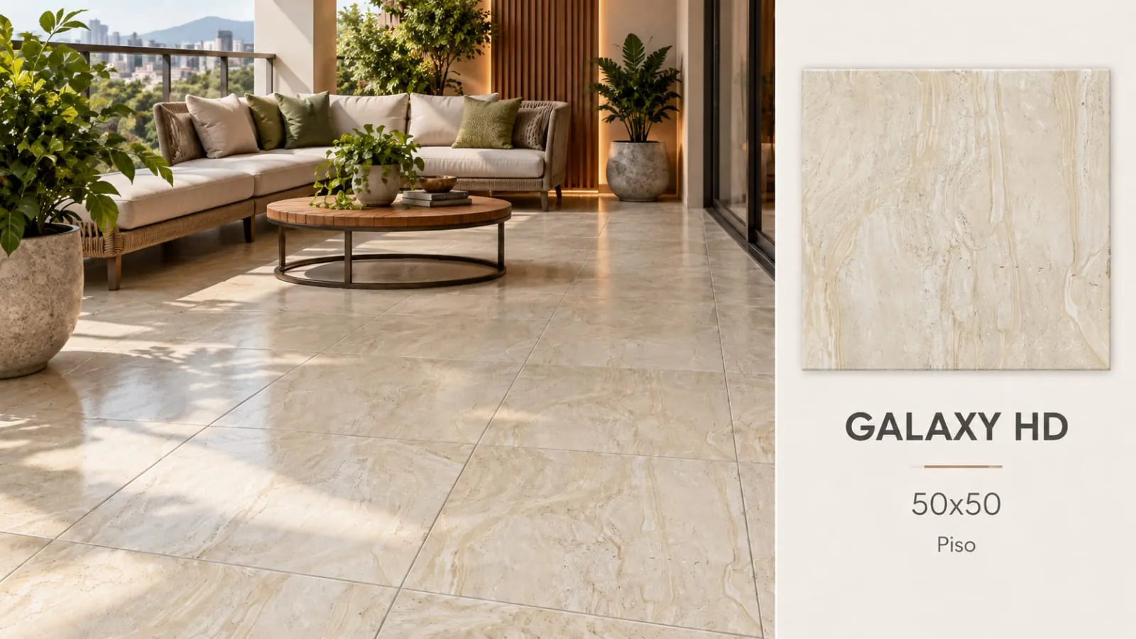 Ambiente Galaxy HD, revestimento 50 × 50, com amostra e especificações do produto