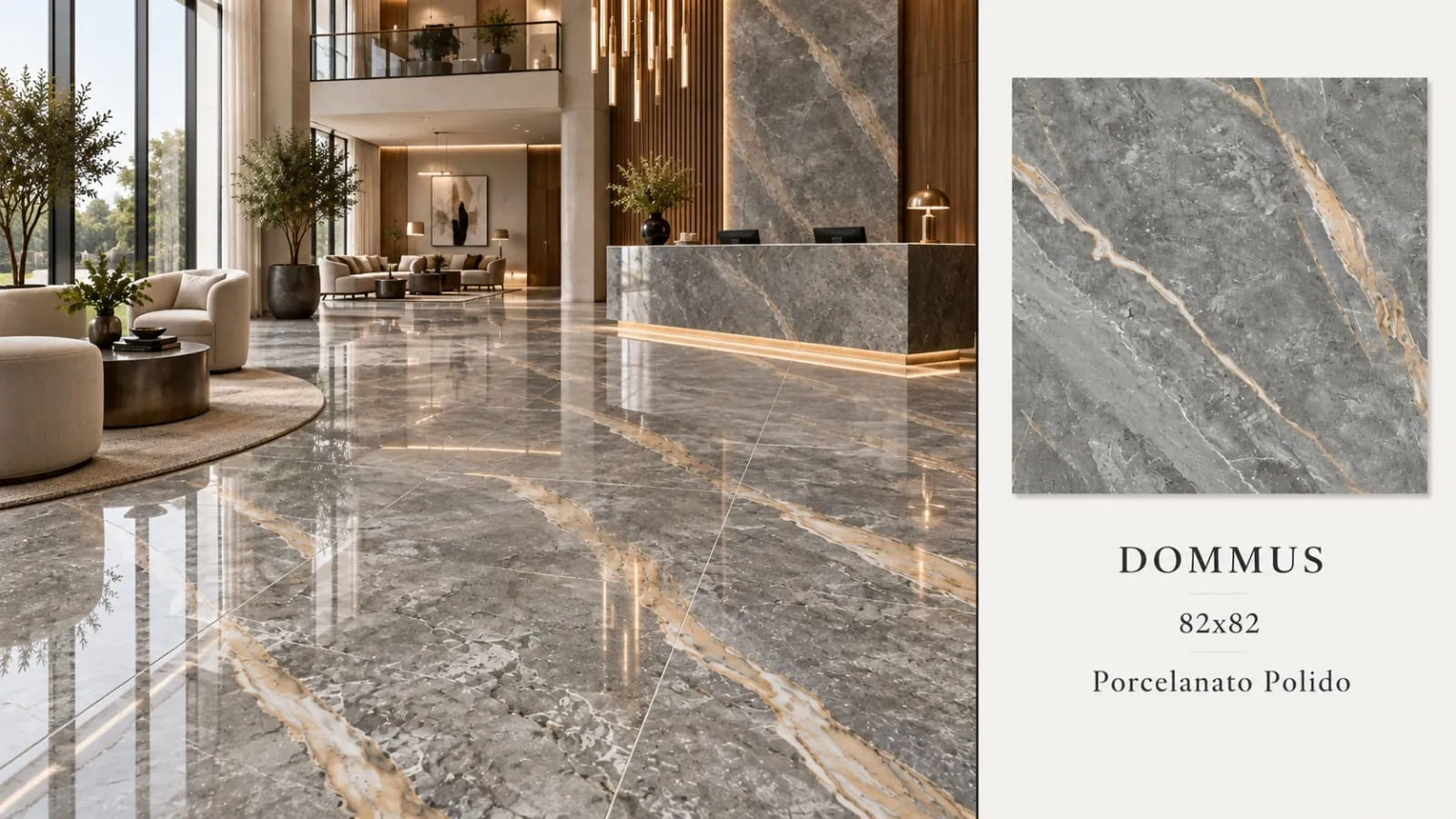 Ambiente Dommus, revestimento 82 × 82, com amostra e especificações do produto