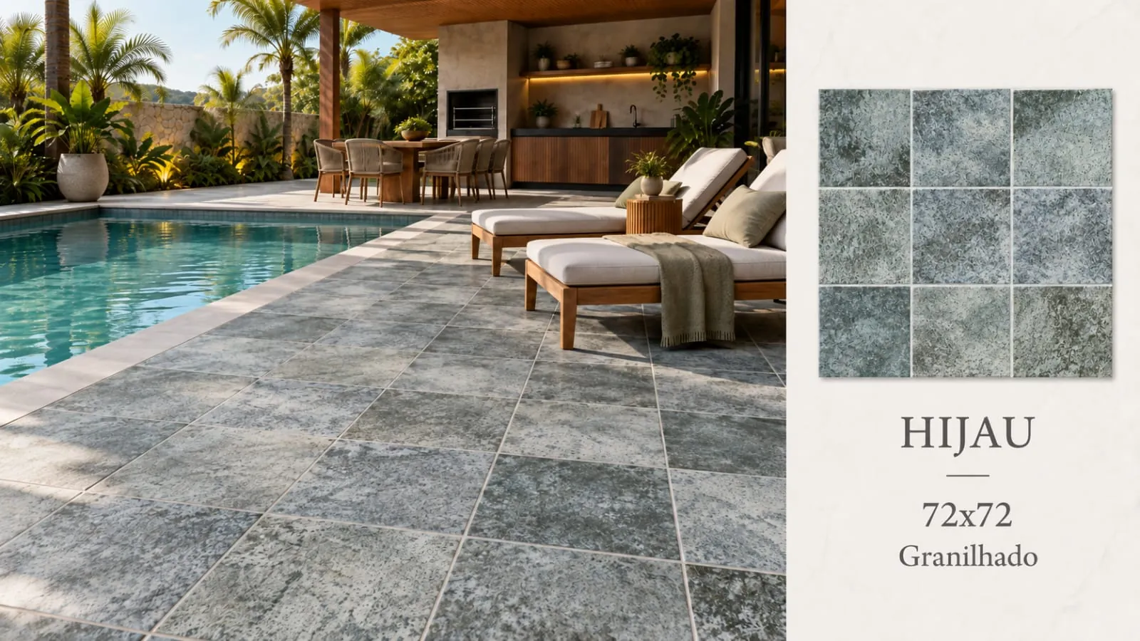 Ambiente Hijau, revestimento 72 × 72, com amostra e especificações do produto