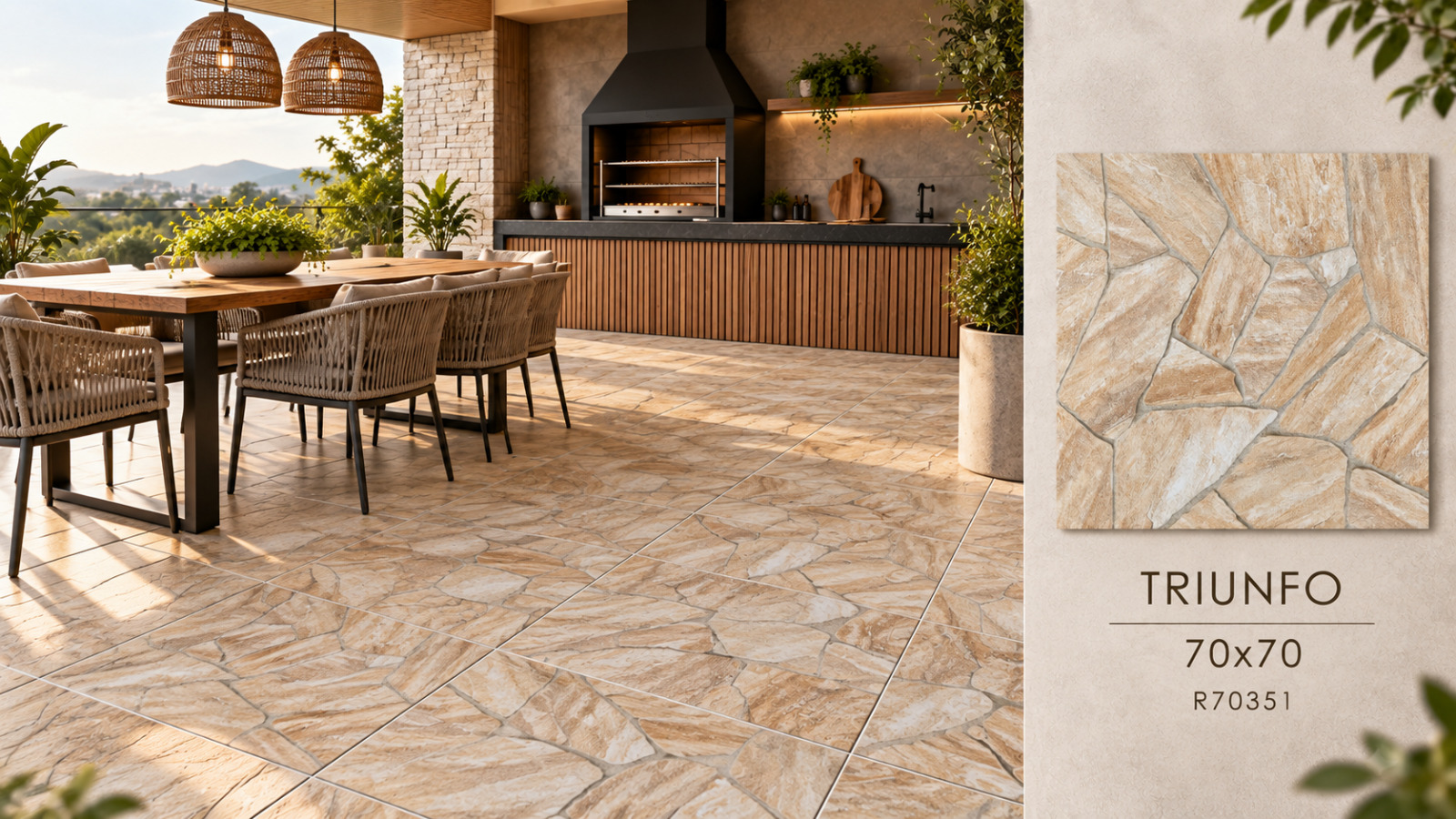 Ambiente Triunfo, revestimento 70 × 70, com amostra e especificações do produto
