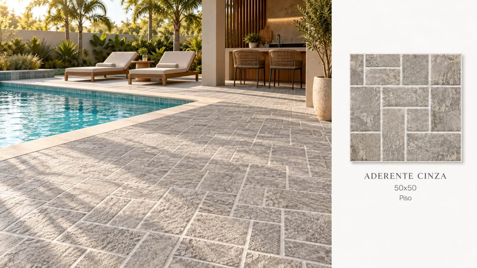 Ambiente Aderente Cinza, revestimento 50 × 50, com amostra e especificações do produto