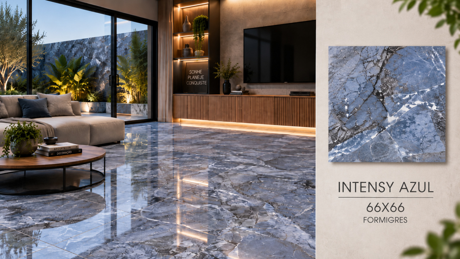 Ambiente Intensy Azul, revestimento 66 × 66, com amostra e especificações do produto