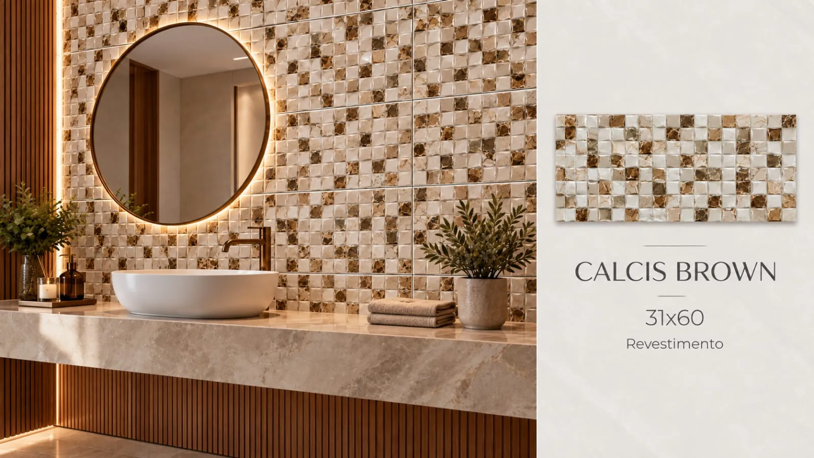 Ambiente Calcis Brown, revestimento 31 × 60, com amostra e especificações do produto