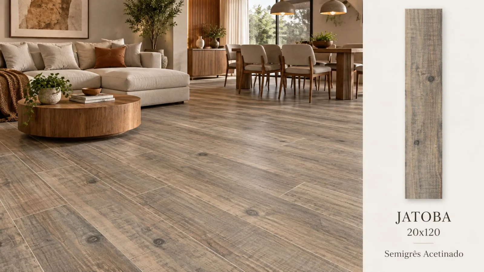 Ambiente Jatoba, revestimento 20 × 120, com amostra e especificações do produto