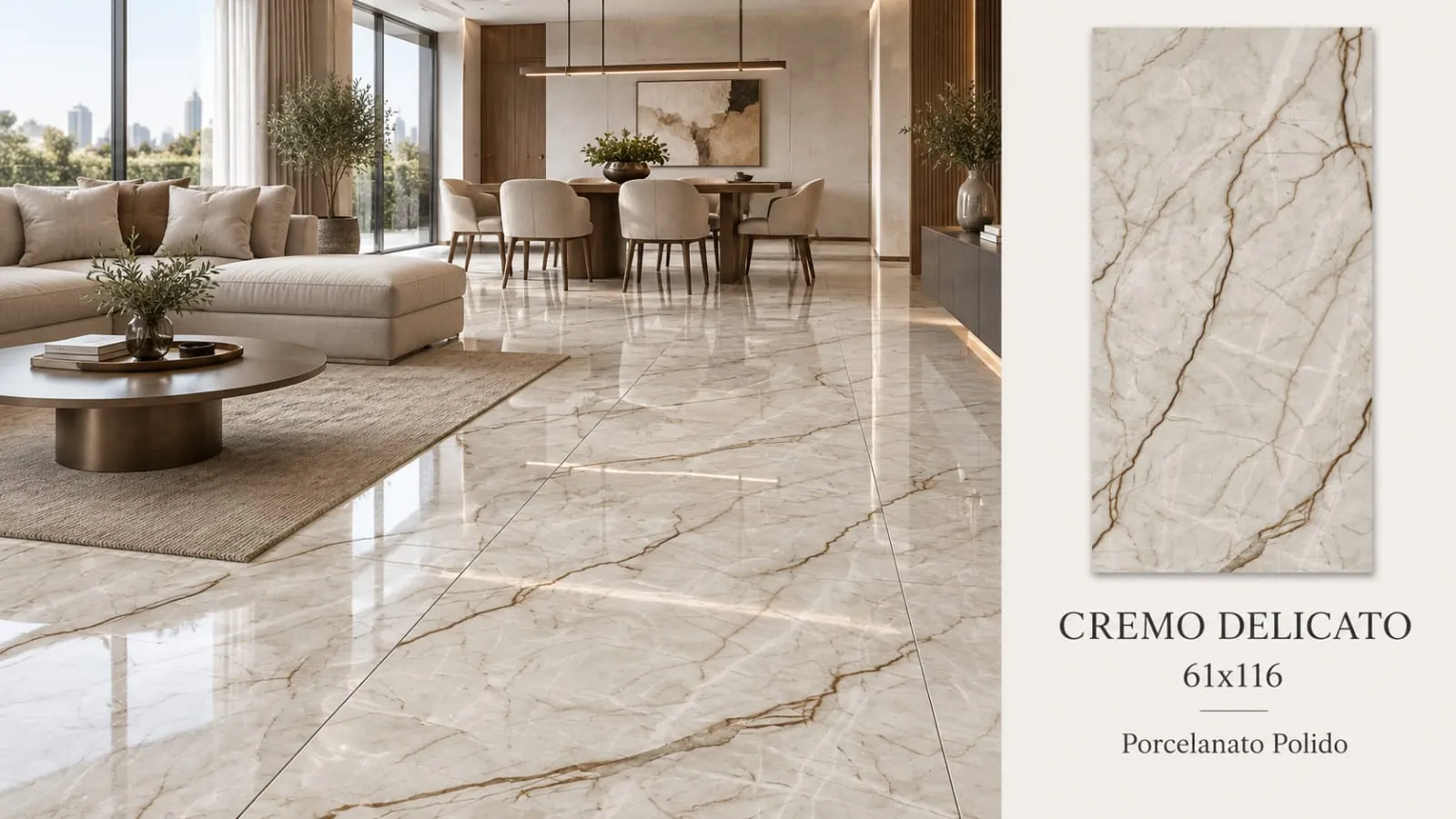 Ambiente Cremo Delicato, revestimento 61 × 116, com amostra e especificações do produto