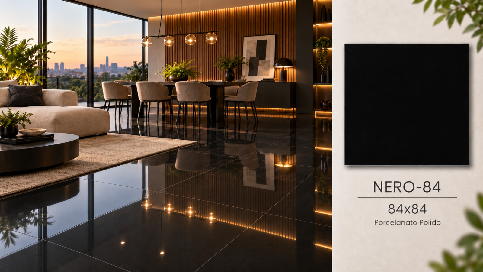 Ambiente Nero-84, revestimento 84 × 84, com amostra e especificações do produto